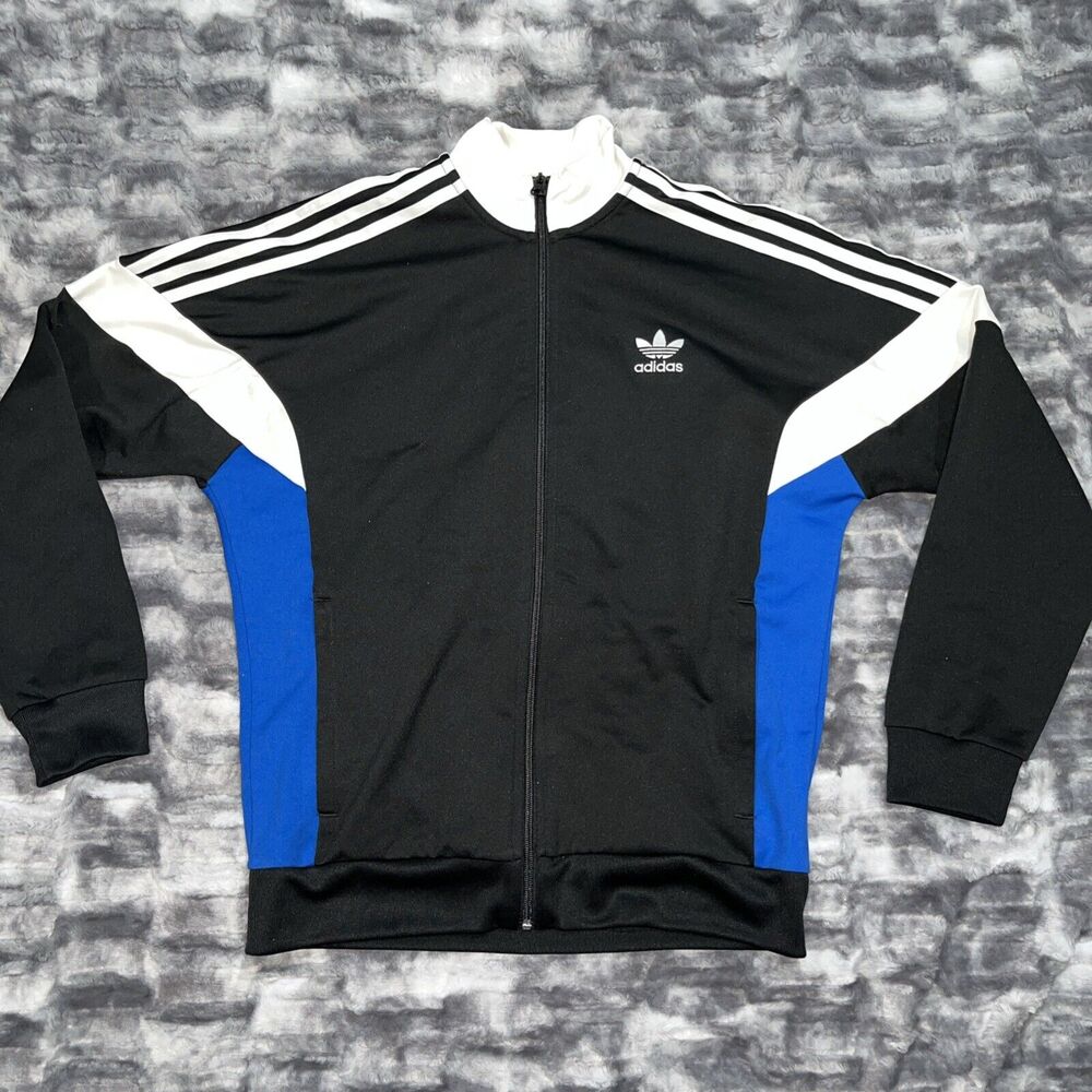 Retro Vintage Adidas Originals Youth L 13-14 Track Top Jacket, Black/Blue‎